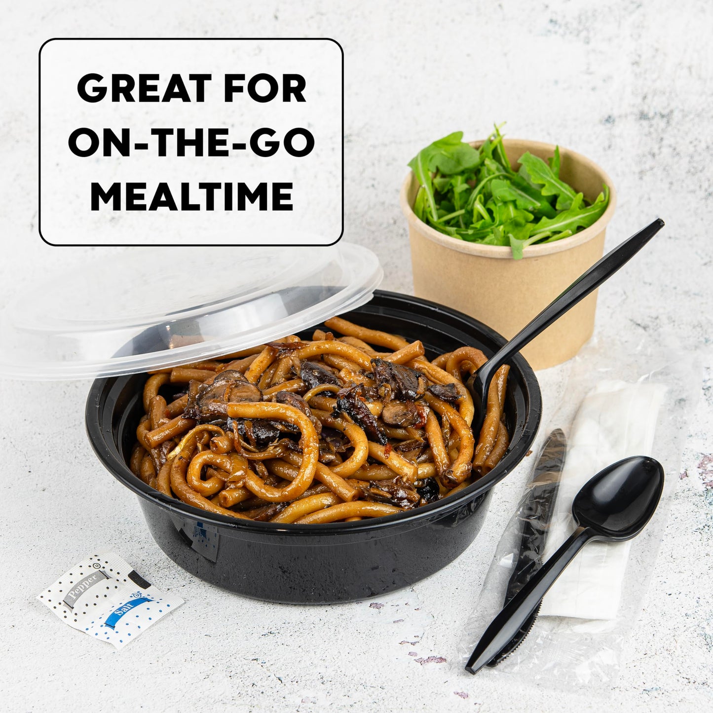 KitchenDine 100 Pack Medium Weight Wrapped Black Plastic Cutlery Pack with Napkin and Salt/Pepper Packets (Black)