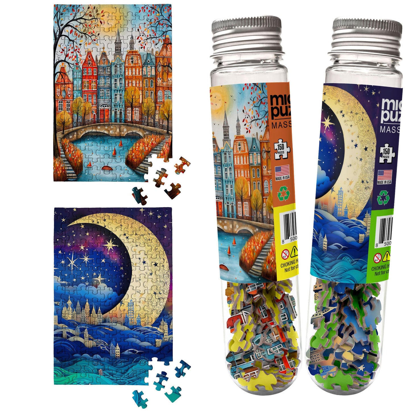 MicroPuzzles “City & Moon Scape” Mini Jigsaw Puzzle 2-Pack – 150-Piece Night-Skyline Travel 4×6 in Puzzle Gift | Made in USA | Small Business