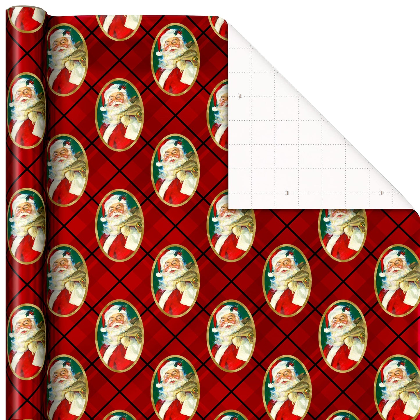 Hallmark Foil Christmas Wrapping Paper with Cut Lines on Reverse (3 Rolls: 60 sq. ft. ttl) Classic Santa Claus, Gold Merry Christmas, Green Plaid with Gold Trees