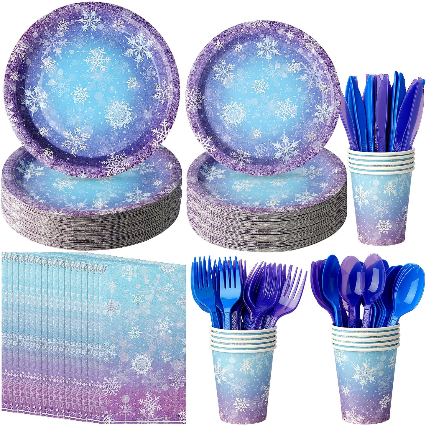 Winter Snowflake Paper Plates and Napkins Set, Blue and Purple Snowflake Winter Wonderland Disposable Tableware for Christmas Winter Holiday New Year Birthday Party Supplies Decorations, Serve 50