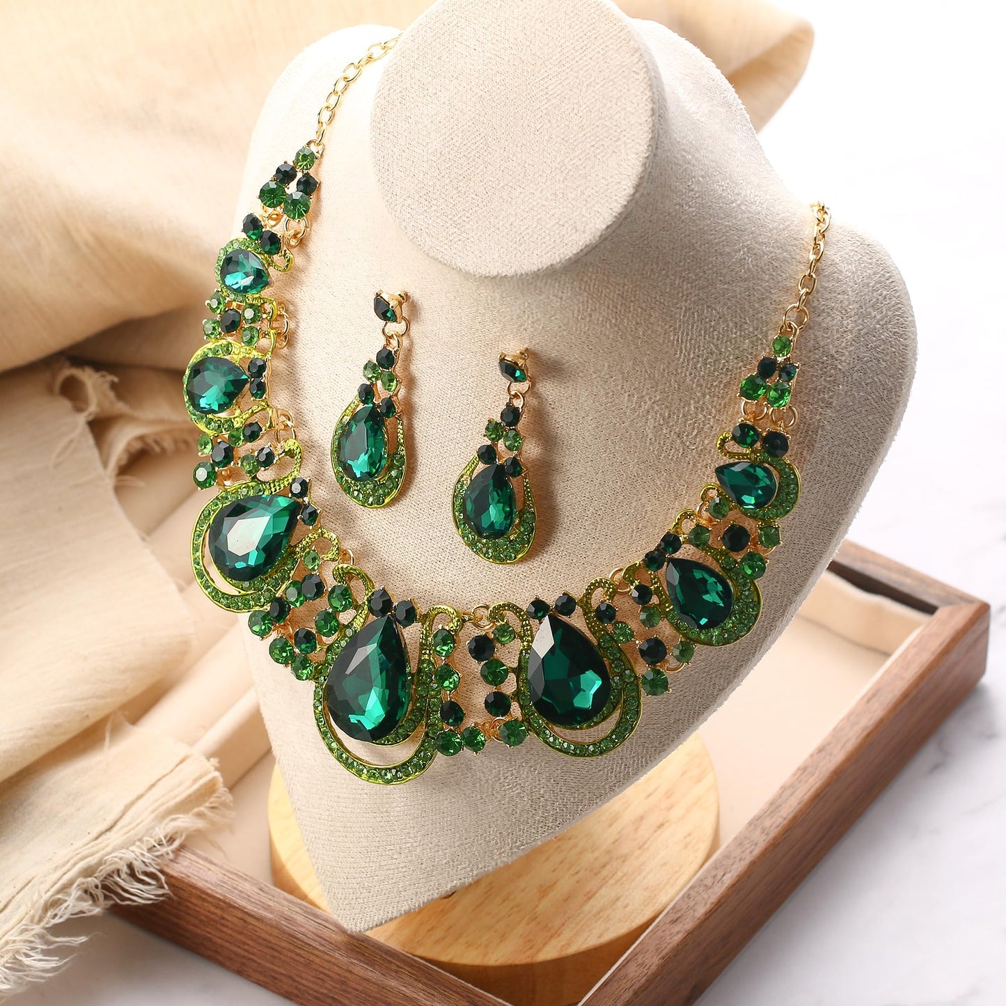 BriLove Costume Fashion Large Big Jewelry Set for Women Crystal Teardrop Hollow Scroll Statement Necklace Dangle Earrings Emerald Color Gold-Toned