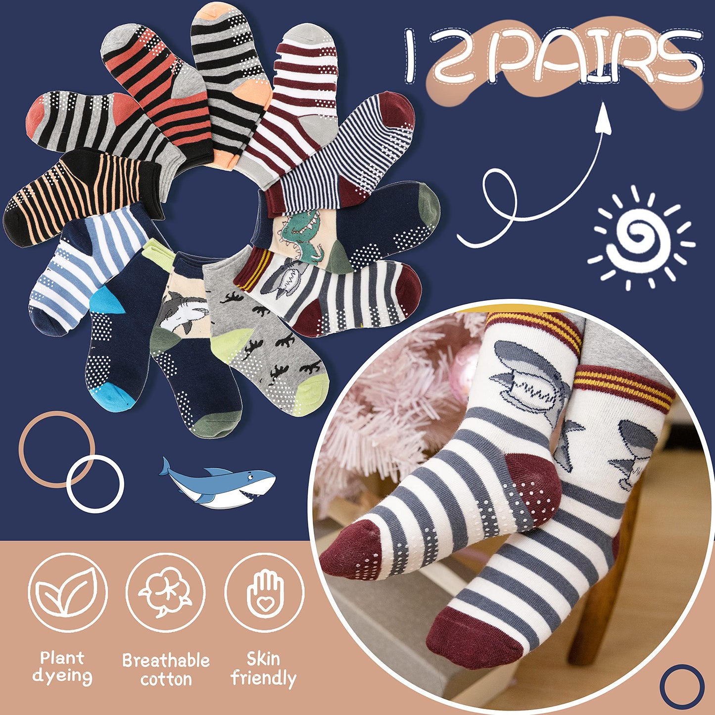ANTSANG Baby Boys Grips Socks Kids Toddlers Infants Gifts Non Slip/Anti Skid Crew Cotton Socks 12 Pairs Gifts for Boys Kids Stocking Stuffers (Brown Striped(12 Pairs),3-5 Y)