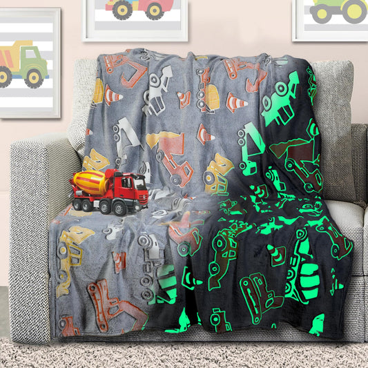 Construction Truck Glow in The Dark Blanket - Luminous Tractor Blanket for Kids - Soft Plush Digger Dump Truck Excavator Throw for Boys - Large 60inx50in Glowing Big Trucks Toddler Gift