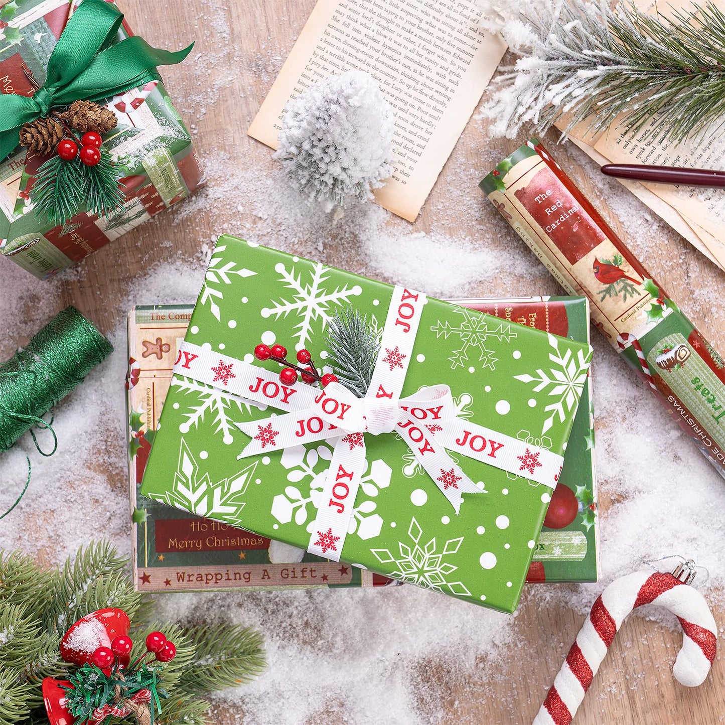 RUSPEPA 30" X 32.8' Reversible Christmas Wrapping Paper Large Paper Roll, Jumbo Roll, Vintage Christmas Bookshelf Design, Green White Snowflake Gift Wrap for Friends, Family, Xmas Holiday Gifts