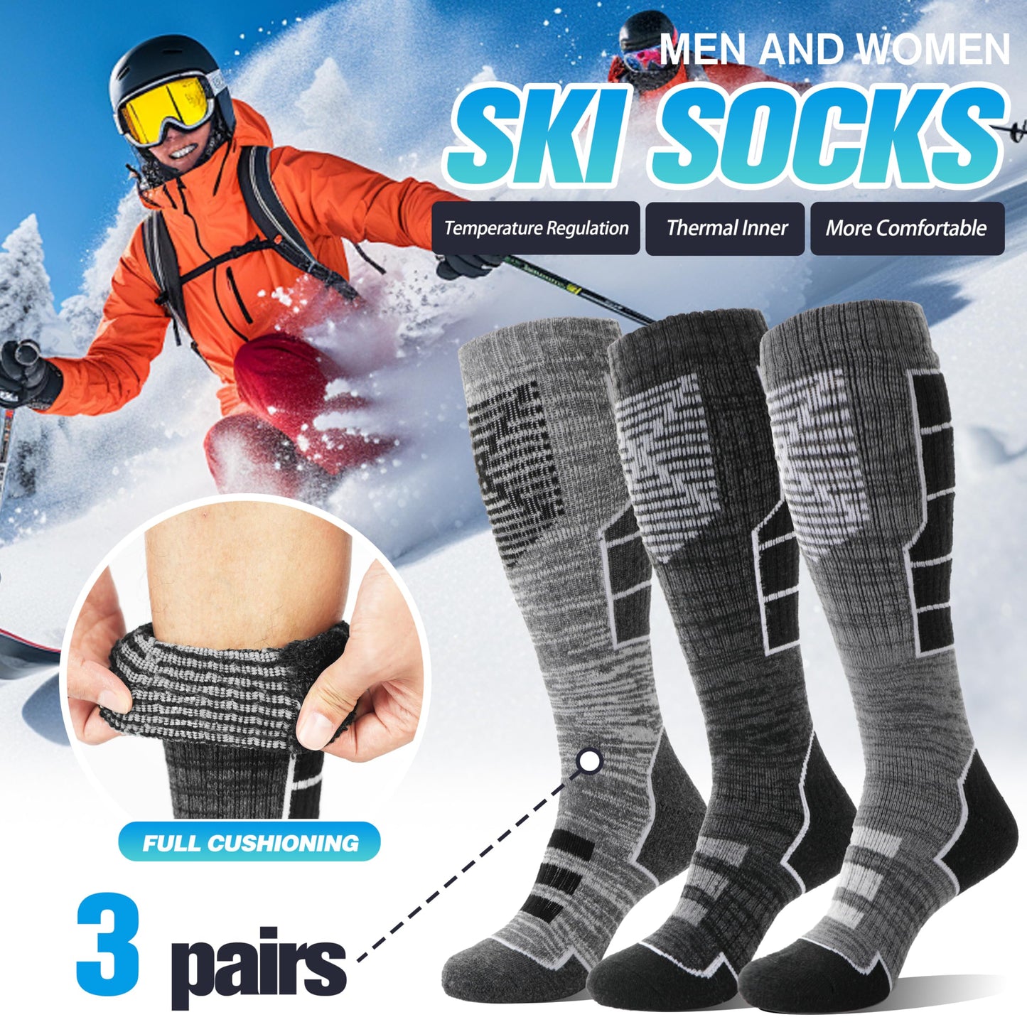 Anlisim Merino Wool Ski Thermal Unisex Socks for Men Women Winter Warm Thick Knee High Long Skiing Snowboarding Socks 3 Pairs Gift Stocking Stuffers(Black Gray,L)
