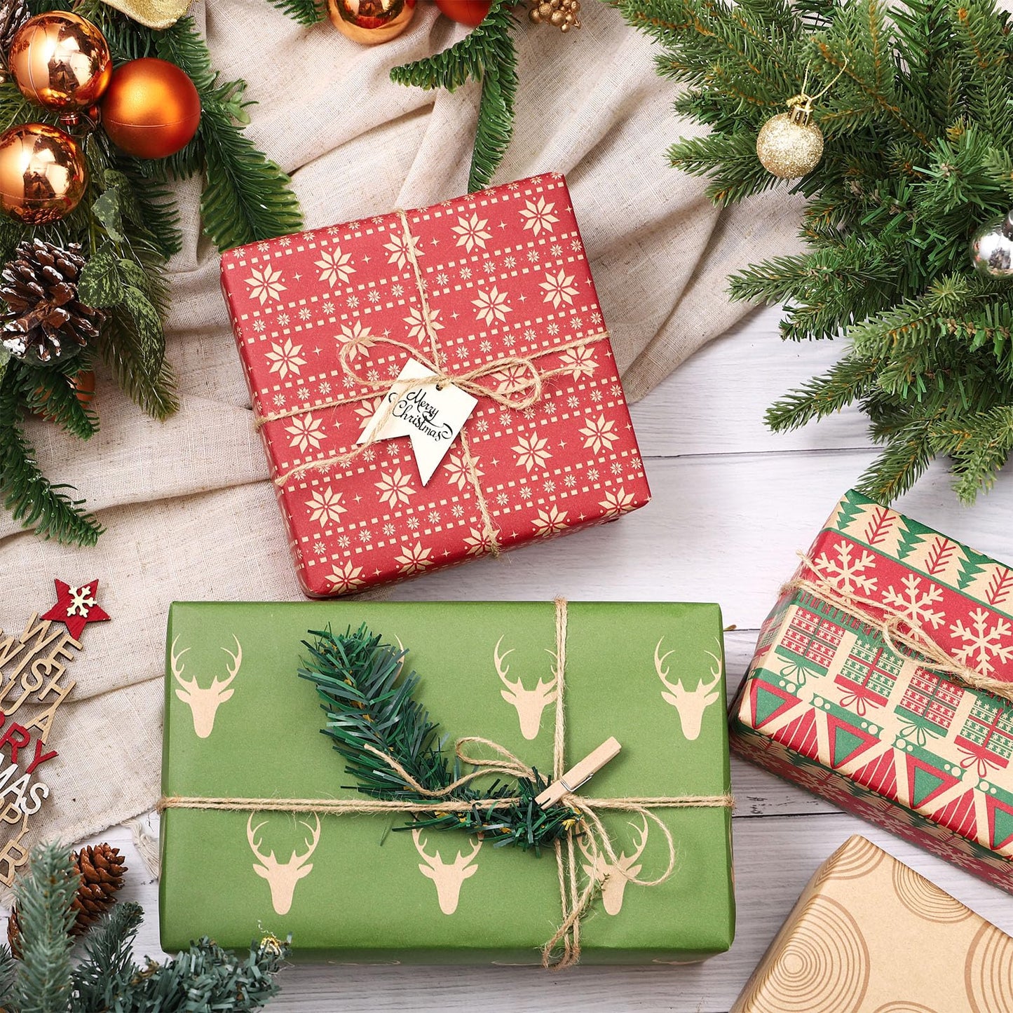 RUSPEPA Christmas Wrapping paper - Brown Kraft Paper with Red and Green Pattern For -Christmas Elements Collection-6 Roll-30Inch X 10Feet Per Roll