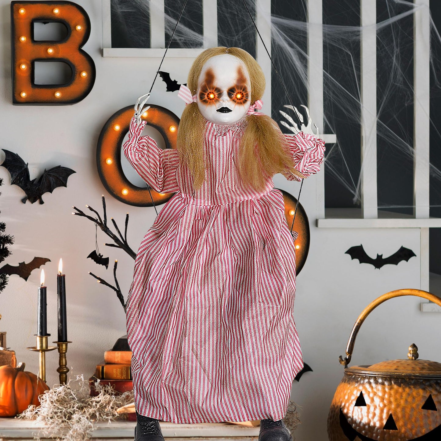 Treewoll Halloween Hanging Ghost Props, 2.6FT H Life-Sized Voice-Activated Pink Skirt Girl Sitting on Swing with Lighted Eyes & Kicking Legs & Eerie Sound for Haunted House Trees Spooky Party Decor