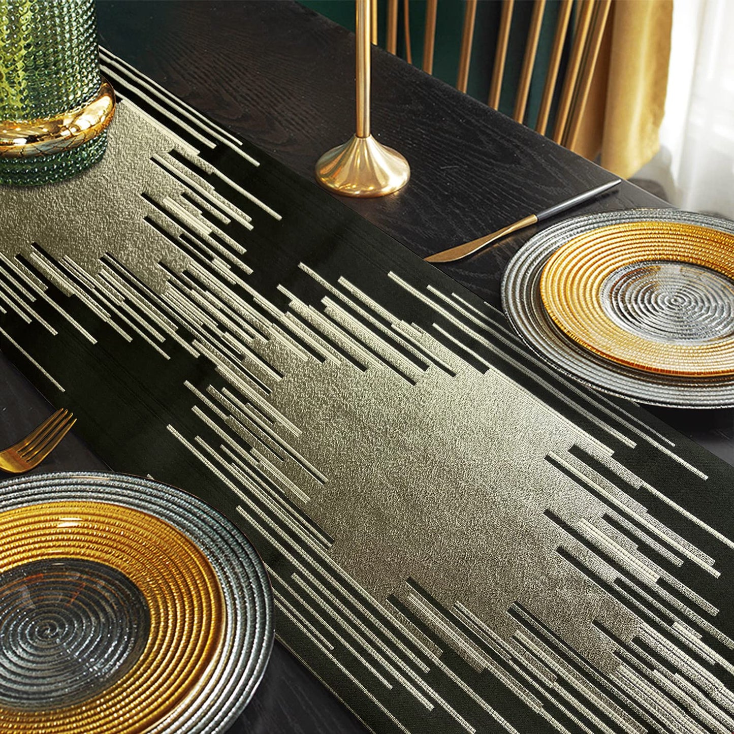 Fullony Black Table Runner 72 Inches Long Handmade Embroidery Modern Abstract Striped Pattern with Ring Stylish Tassels for Home Living Room Bedroom Dinner Room Kitchen Art Decor Thanksgiving