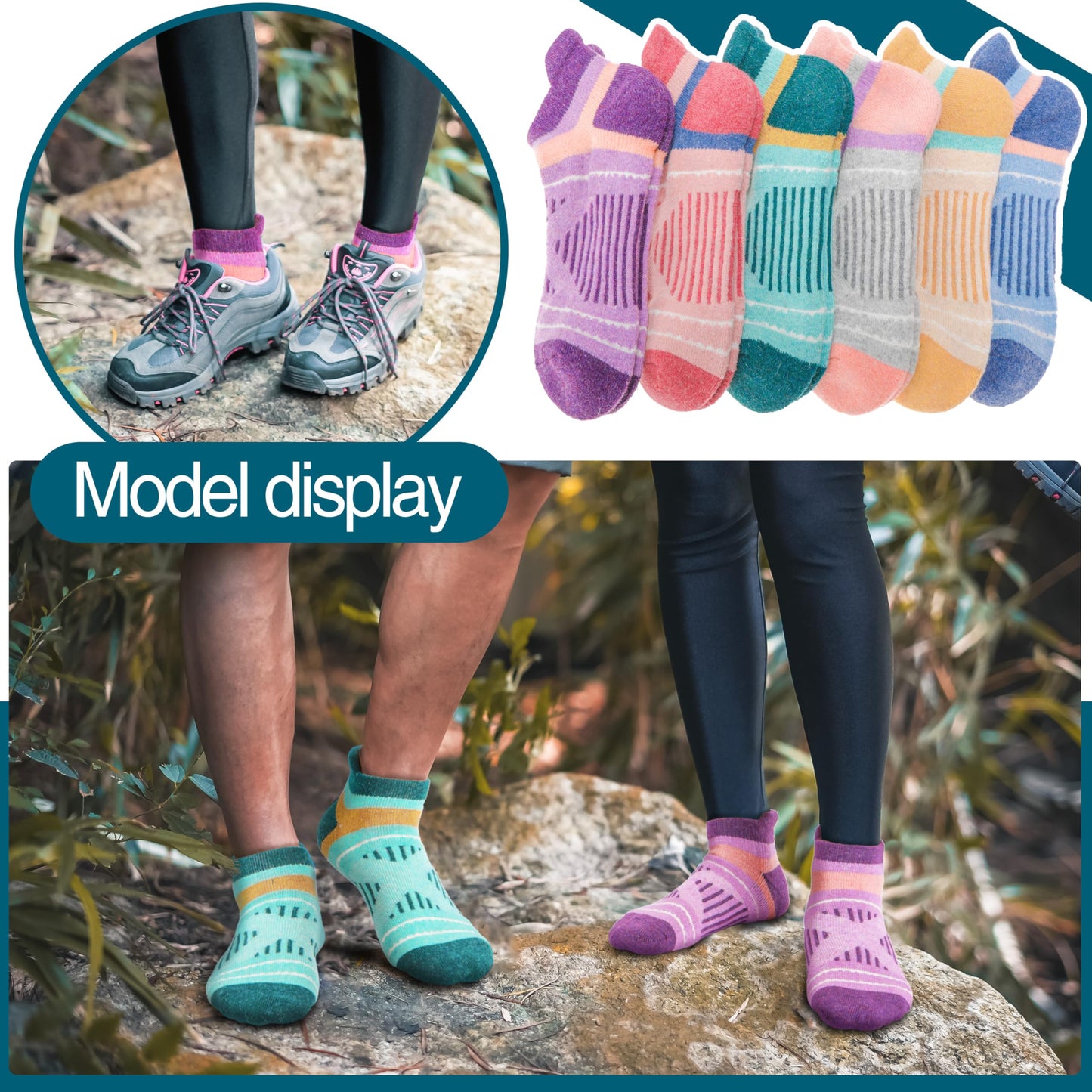 EBMORE Merino Wool Ankle Hiking Socks Compression Warm Winter Thermal Thick Cushion No Show Running Moisture Wicking Socks Gifts Stocking Stuffers for Women 6 Pairs(Colorful Mix,L)
