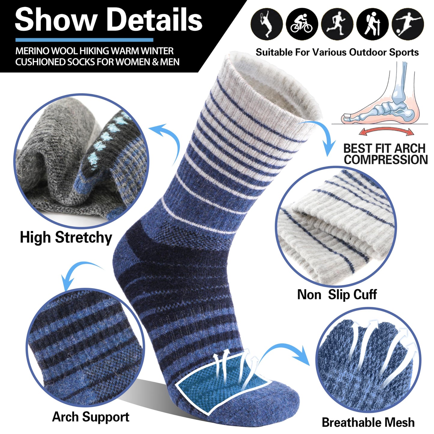 Merino Wool Socks for Men Thermal Winter Warm Hiking Cozy Crew Work Gift Socks Stocking Stuffers 5 Pairs(Blue,L)