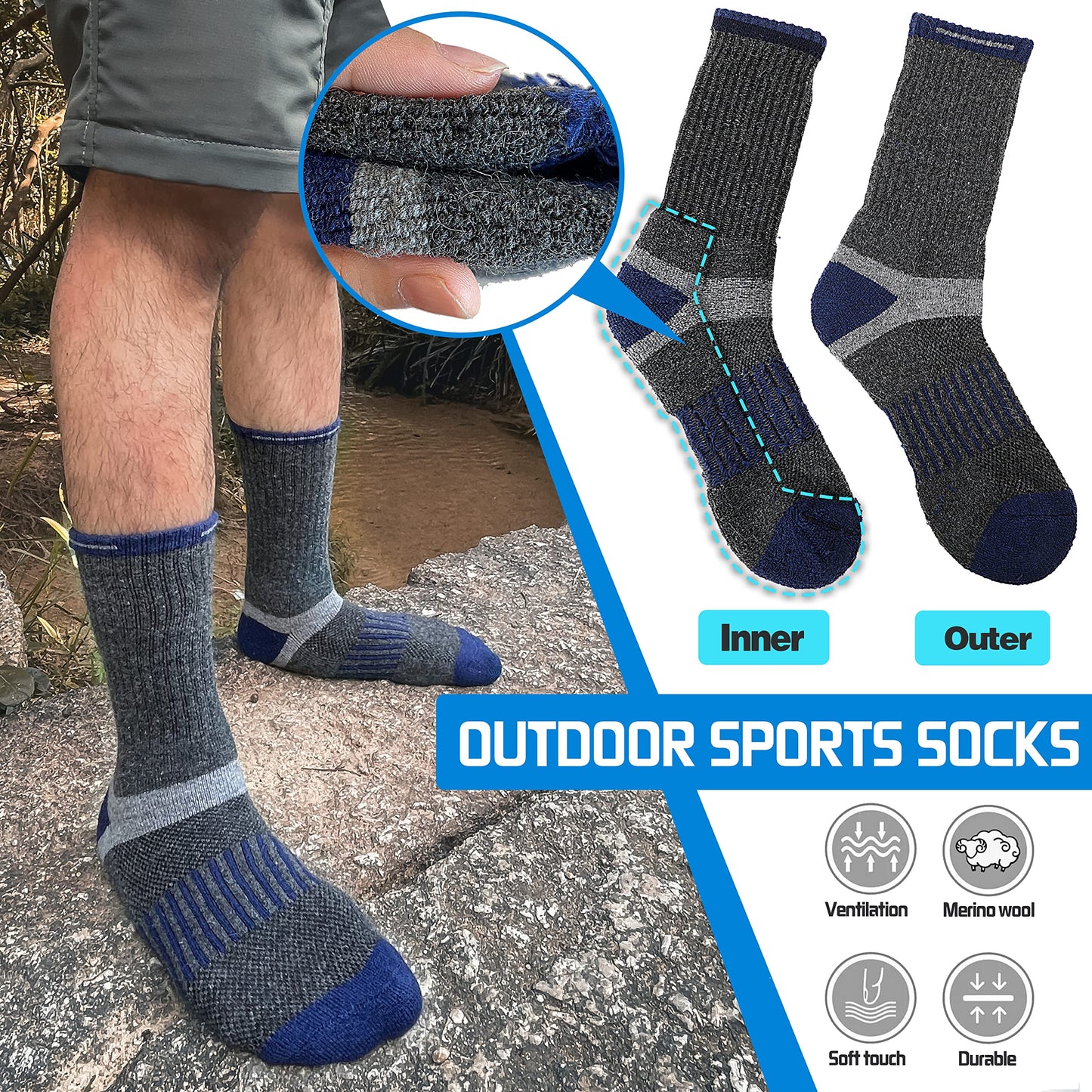 Merino Wool Hiking Socks for Men Warm Thermal Winter Cozy Work Crew Socks Gifts Stocking Stuffers 5 Pairs (Dark Pinstripes A,L)